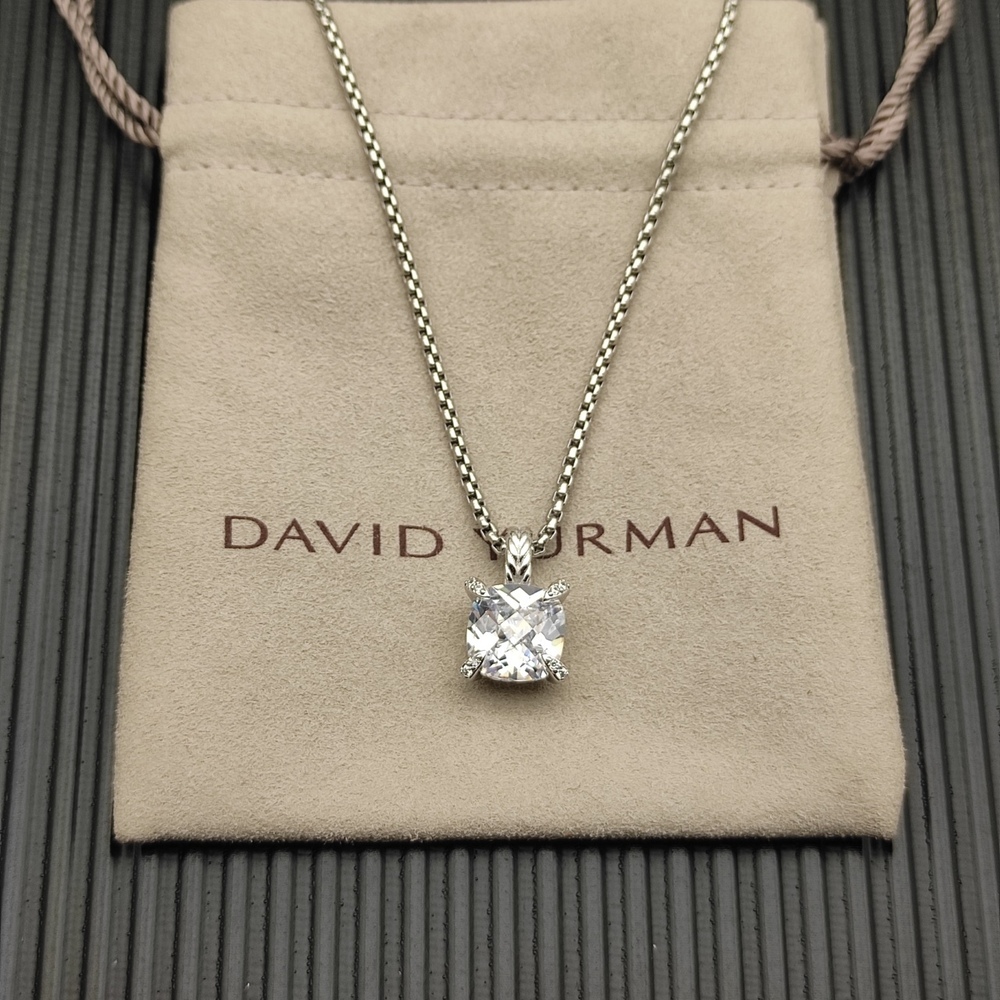 David Yurman Silver Center Stone Gold Four-Prong White Diamond Necklace